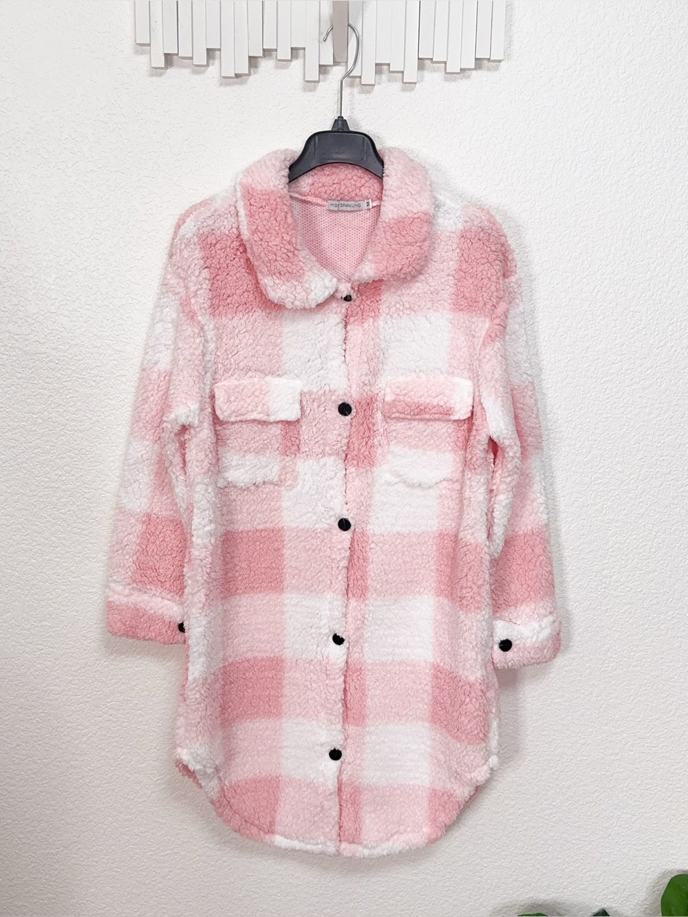 Miss Sparkling Pink White Plaid Sherpa Fleece Longline Shacket Coat Jacket